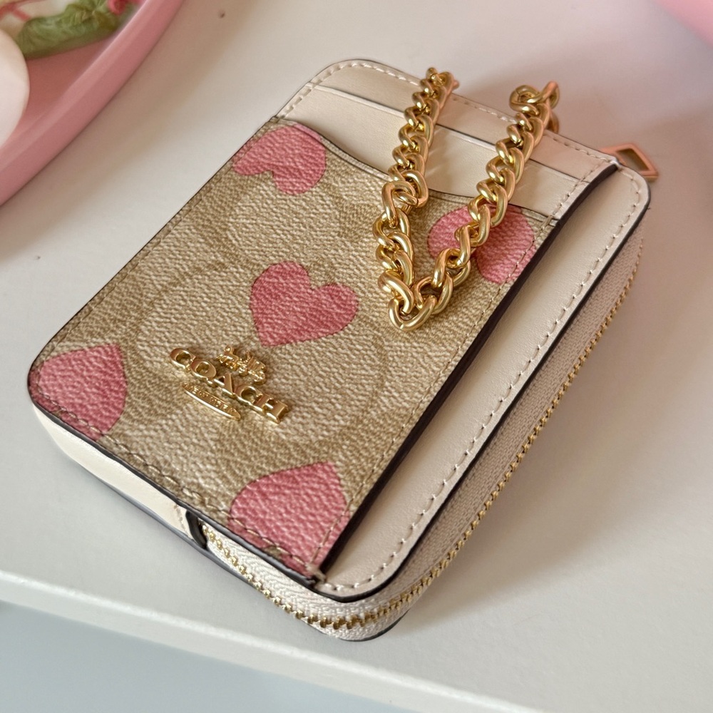 Coach Pink Heart Card Holder with Gold Chain